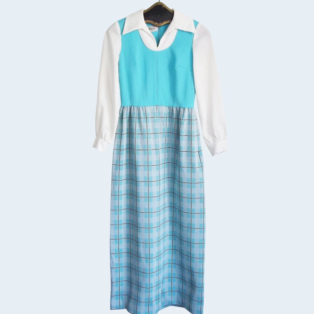 Vintage 70s Ayres ILGWU Tag Dagger Collar Plaid Skirt Double Knit Maxi Dress XS